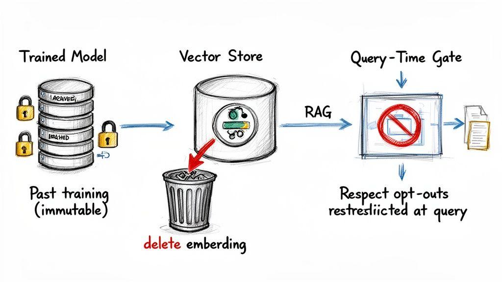 Diagramma che illustra la governance dei dati con un modello addestrato, archiviazione vettoriale, cancellazione degli embedding, RAG e accesso in fase di interrogazione.