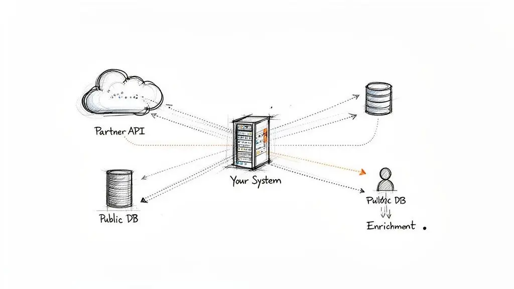 Diagramma che mostra il "Tuo Sistema" interagire con API esterne, database e dati pubblici per l'arricchimento.