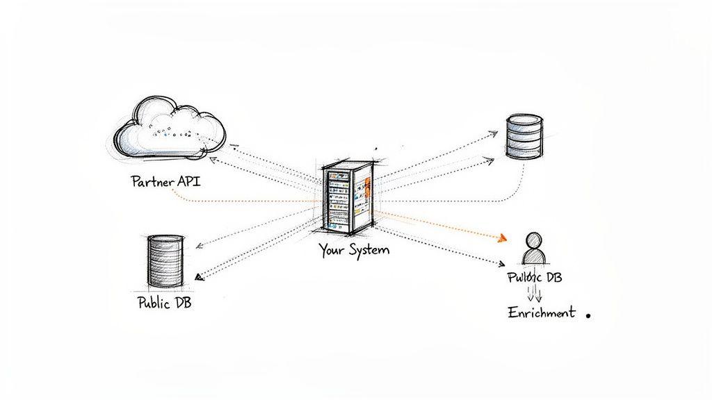 Diagramma che mostra il "Tuo Sistema" interagire con API esterne, database e dati pubblici per l'arricchimento.