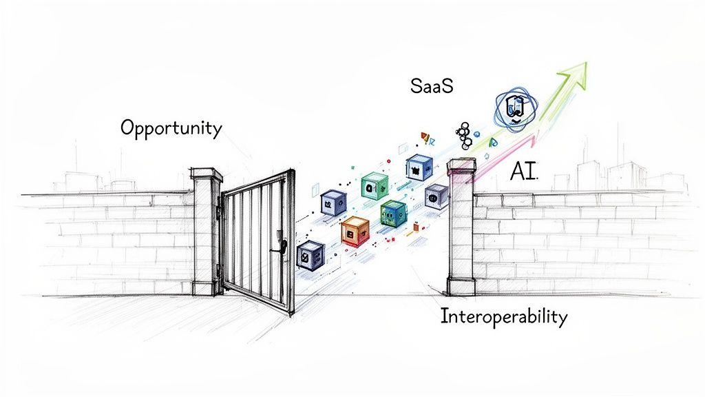 Diagramma che mostra un cancello aperto di opportunità che conduce ad applicazioni SaaS e IA per una migliore interoperabilità.