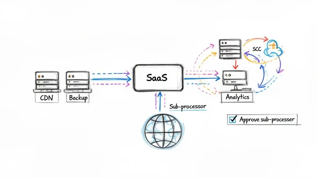 Diagramma che mostra SaaS collegato a CDN, Backup, Analytics e SCC, coinvolgendo un flusso di approvazione del sub-responsabile.