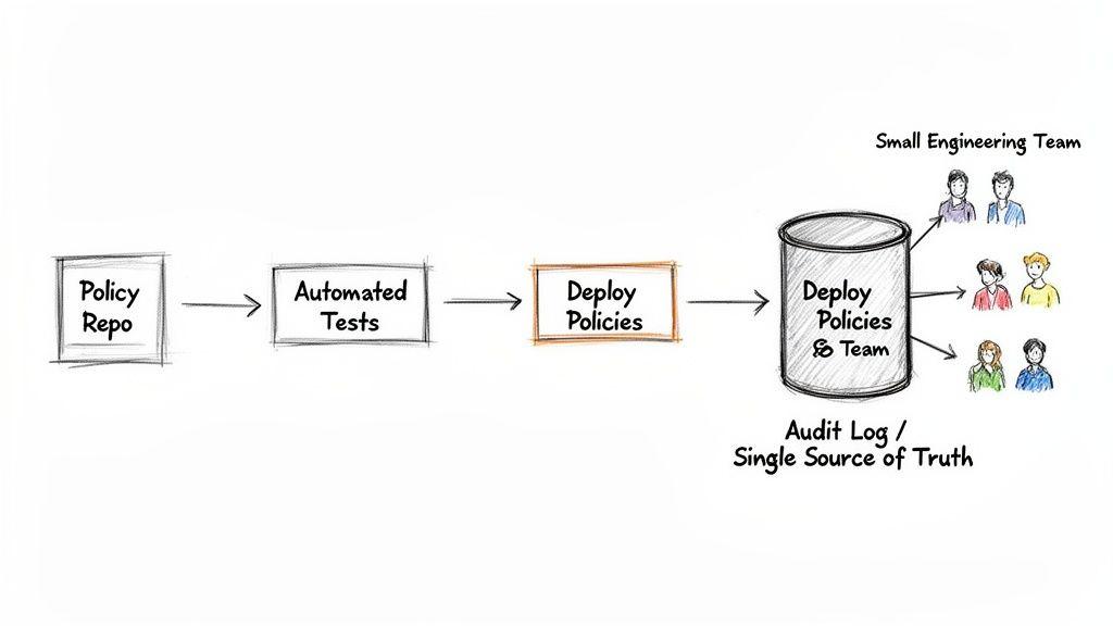 Flowchart illustrating policy deployment from repo, through automated tests, to a central audit log for an engineering team.