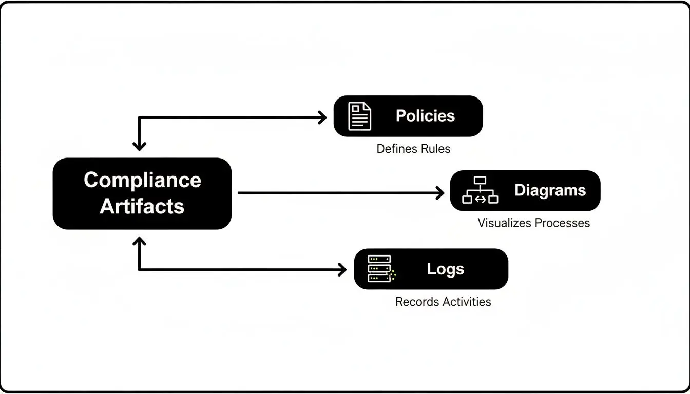 Un diagramma che illustra gli Artefatti di Conformità collegati a Policy, Diagrammi e Log, evidenziandone i ruoli.