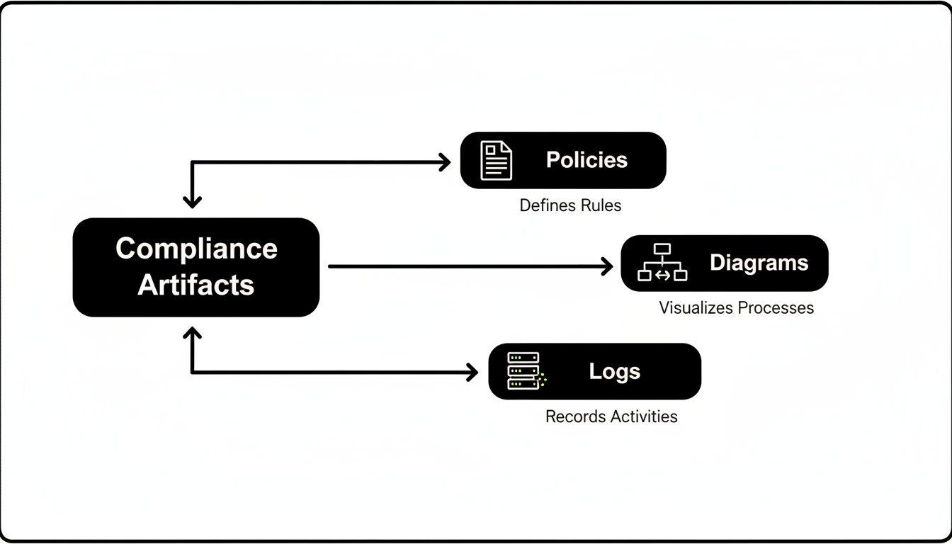 A diagram illustrating Compliance Artifacts connected to Policies, Diagrams, and Logs, detailing their roles.