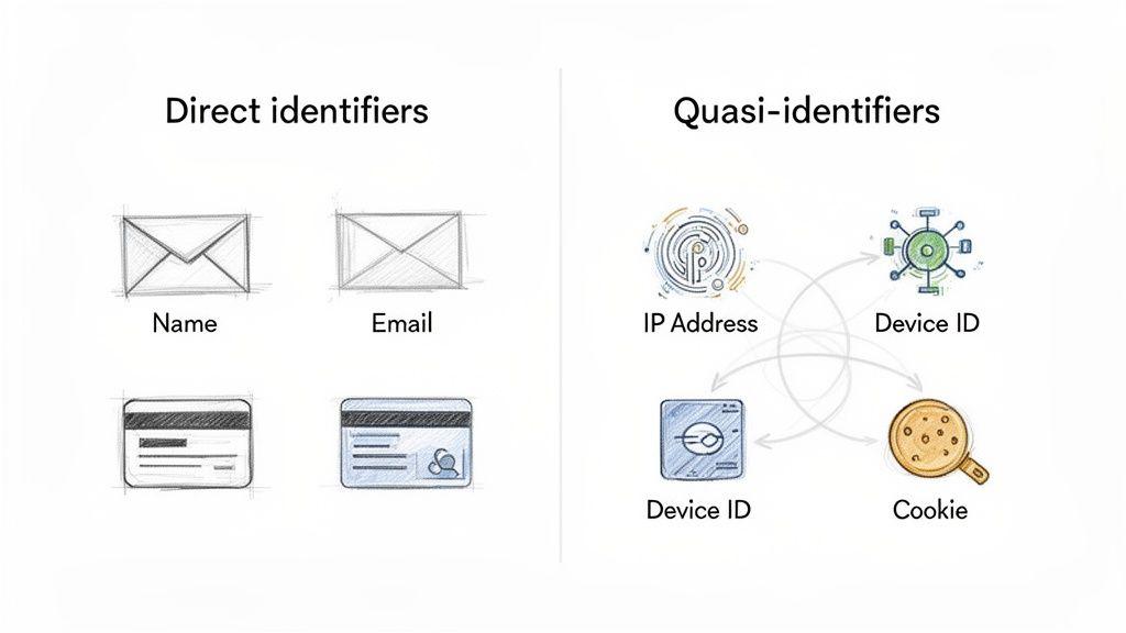 Diagram showing direct identifiers like name, email, credit card, and quasi-identifiers such as IP address, device ID, and cookie.