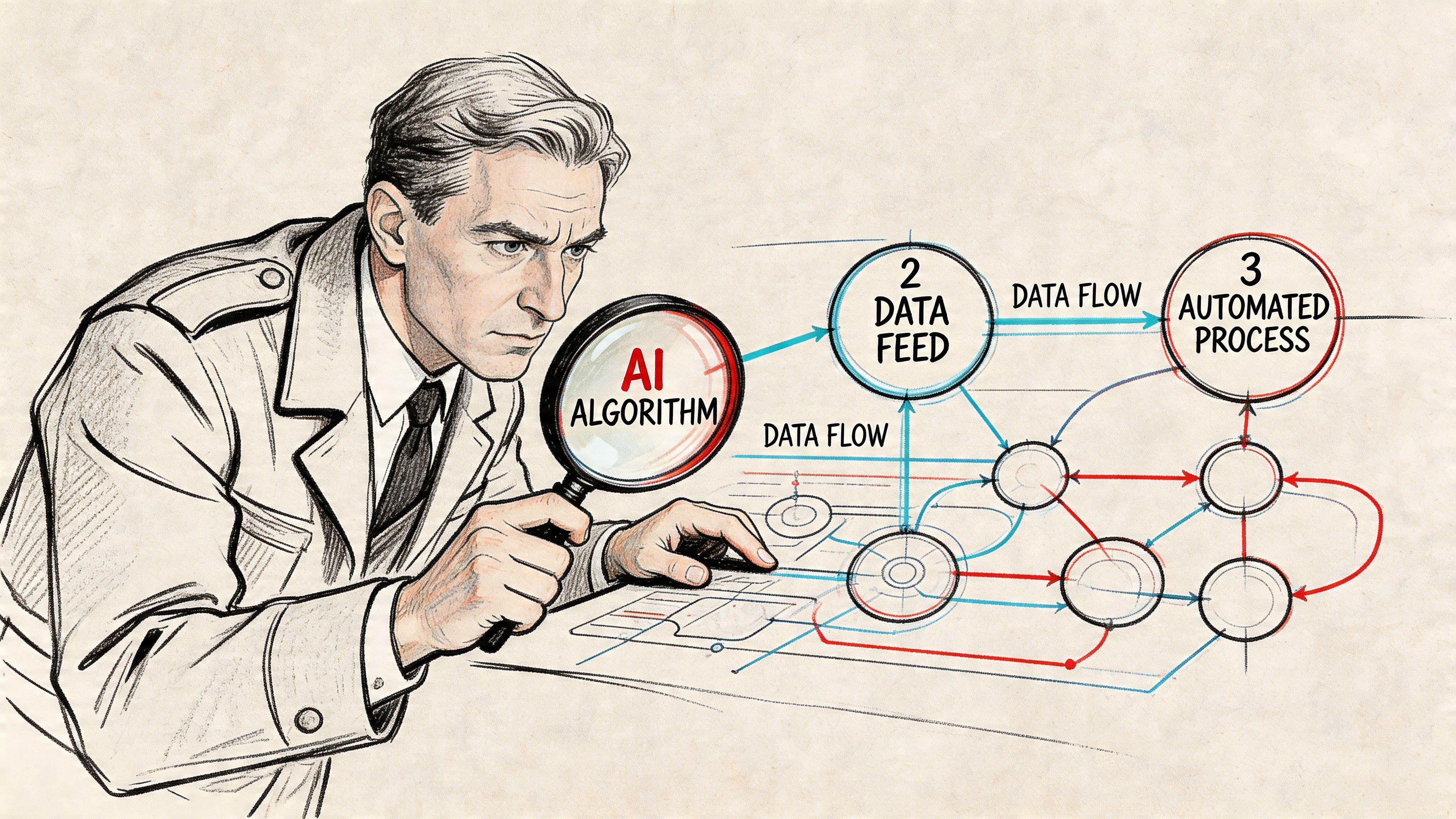 A hand-drawn illustration of a professional examining an AI algorithm process flow with a magnifying glass.