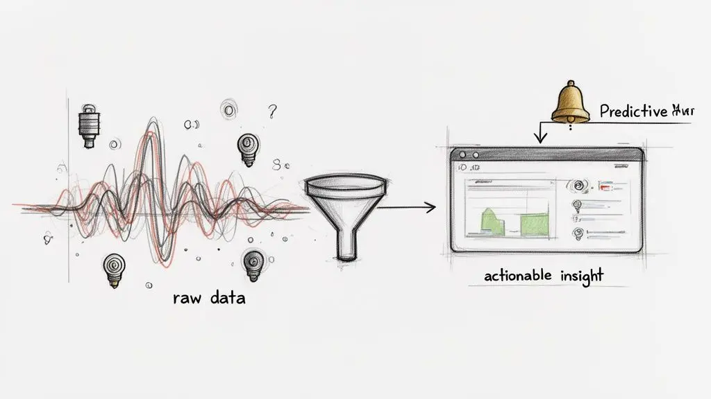 Diagramma che mostra dati grezzi elaborati attraverso un imbuto per produrre insight azionabili e avvisi predittivi su uno schermo.