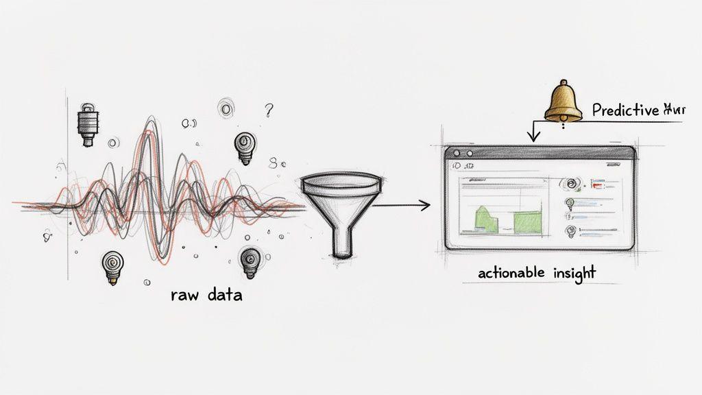 Diagramma che mostra dati grezzi elaborati attraverso un imbuto per produrre insight azionabili e avvisi predittivi su uno schermo.