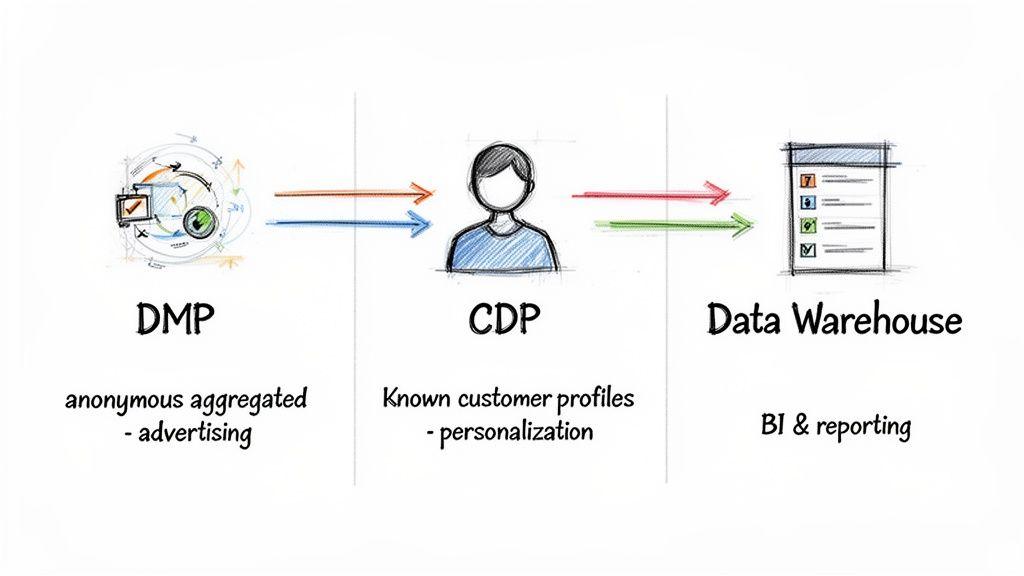 Diagram showing data flow: DMP for advertising, CDP for personalization, and Data Warehouse for BI.