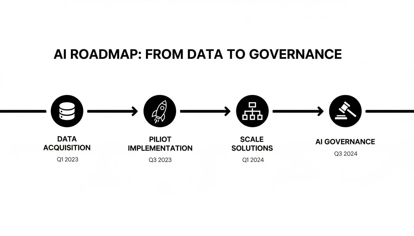 Roadmap AI che illustra quattro fasi: acquisizione dati, implementazione pilota, scalabilità delle soluzioni e governance AI con timeline.