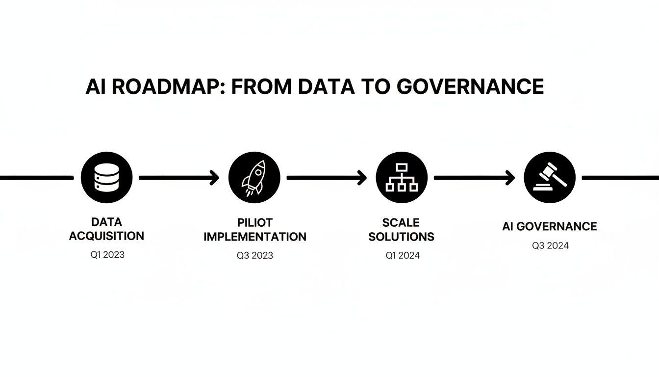 Roadmap AI che illustra quattro fasi: acquisizione dati, implementazione pilota, scalabilità delle soluzioni e governance AI con timeline.