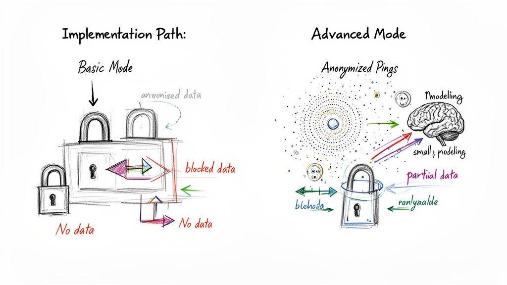 Illustrazione che confronta le modalità di gestione dei dati base e avanzata, mostrando dati bloccati rispetto a ping anonimizzati per il modellamento.