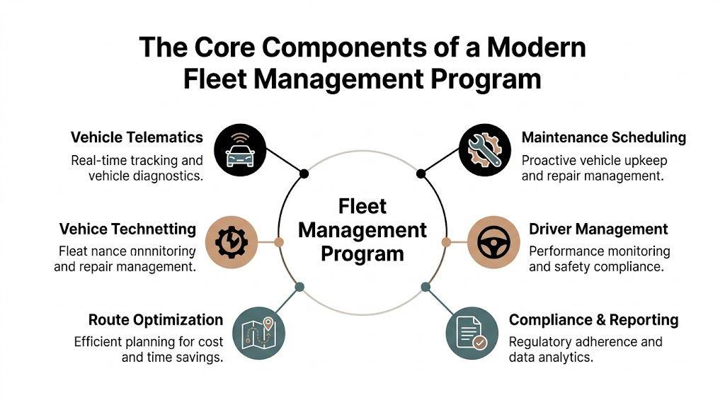 A diagram outlining the six core components of a modern fleet management program for business logistics.