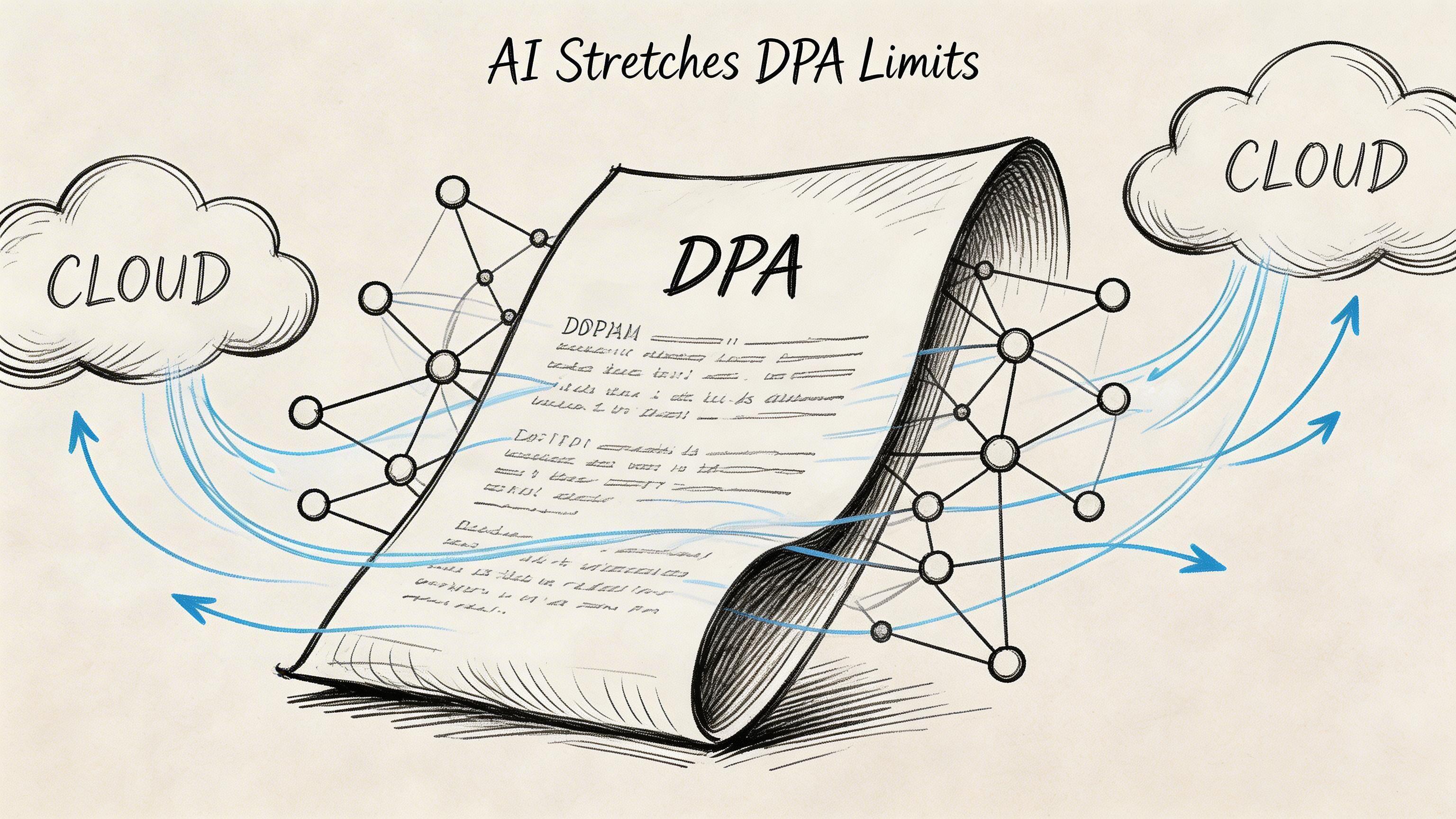 A conceptual sketch showing a Data Protection Agreement document connected to cloud computing networks by lines.