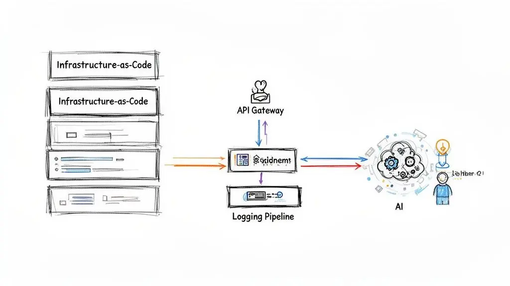 Diagramma dell'architettura di sistema che illustra infrastructure-as-code, API gateway, pipeline di logging e integrazione AI.