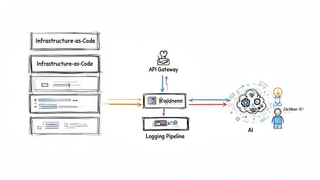 System architecture diagram illustrating infrastructure-as-code, API gateway, logging pipeline, and AI integration.