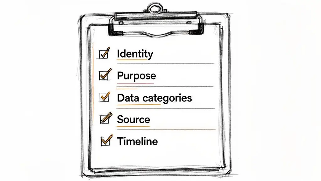 Una clipboard disegnata a mano che mostra una checklist con voci come identità, finalità e categorie di dati, probabilmente per la conformità al GDPR.