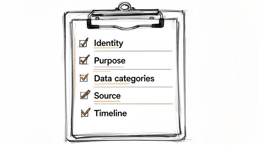 A hand-drawn clipboard displaying a checklist with items like identity, purpose, and data categories, likely for GDPR compliance.