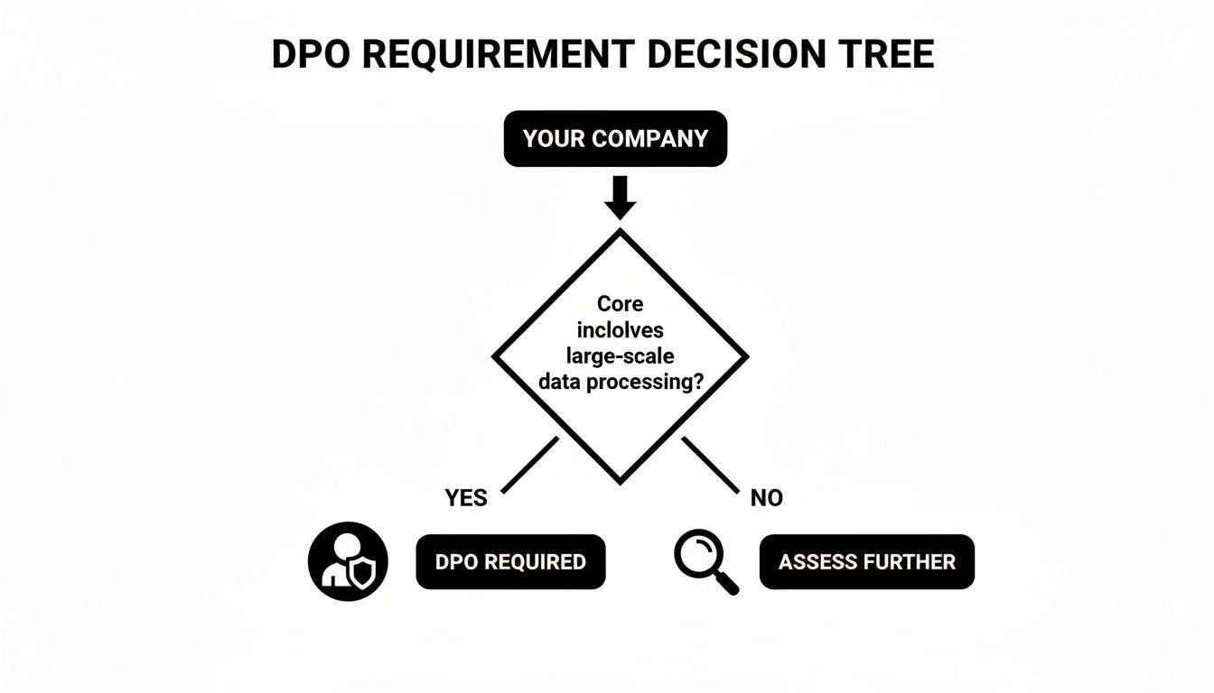Decision tree illustrating DPO requirement based on large-scale data processing in a company.