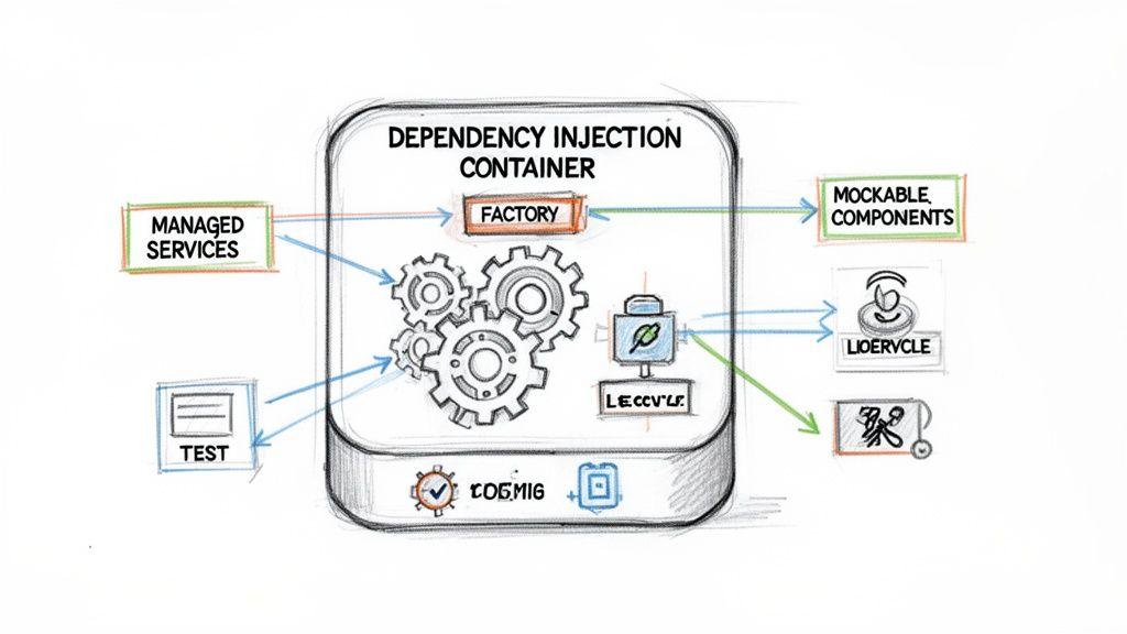 Diagramma che illustra un contenitore di Dependency Injection con una Factory, mostrando le interazioni con servizi, test e componenti.