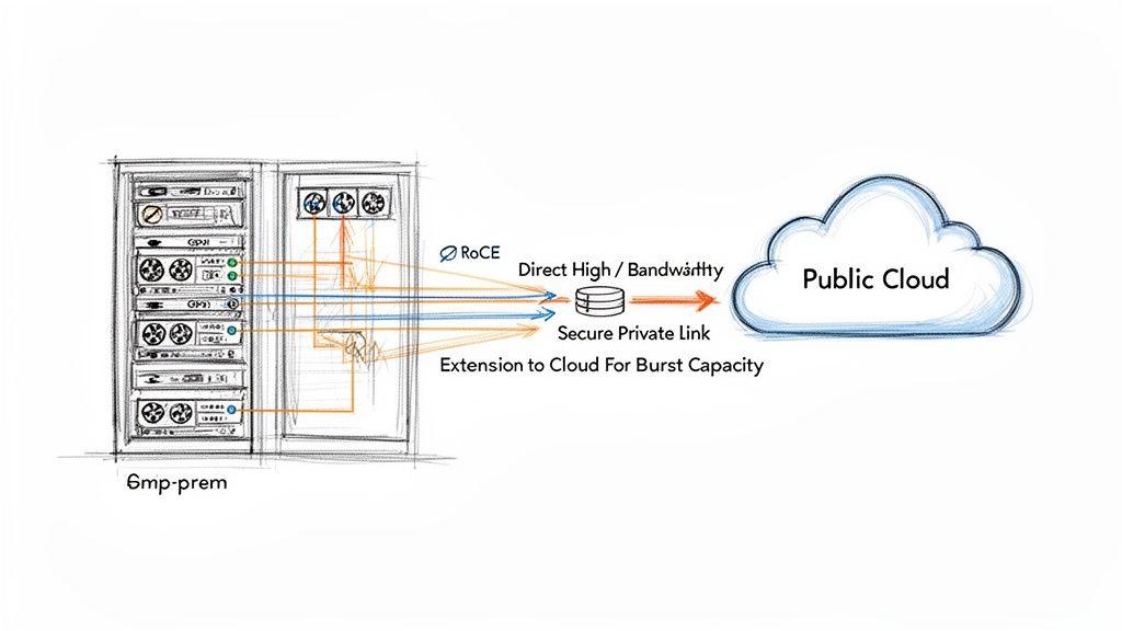 Diagramma che mostra server GPU on-premise connessi tramite link sicuri ad alta larghezza di banda a un cloud pubblico per capacità di picco.