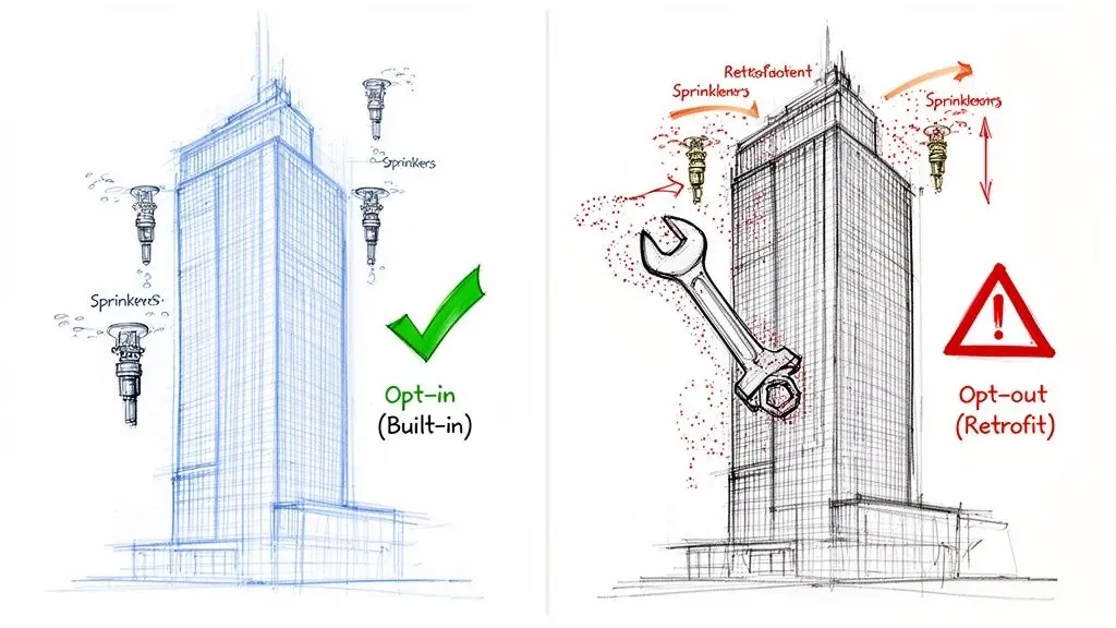 Illustrates the difference between integrating fire sprinklers during construction (opt-in) and adding them later (retrofit).