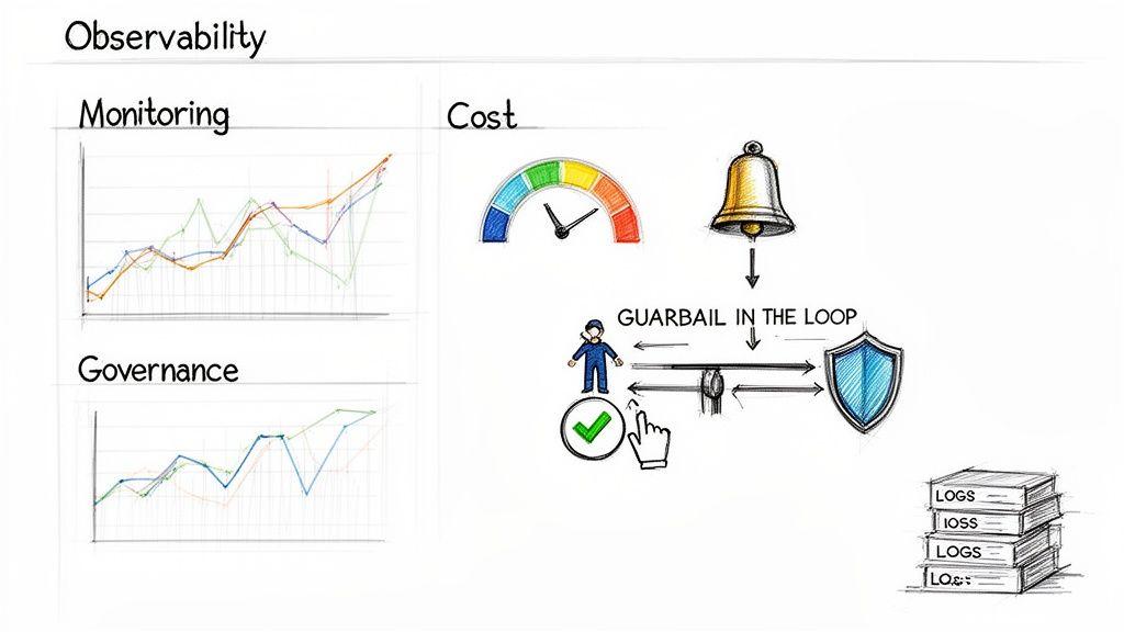 A conceptual diagram illustrating observability, monitoring, governance, cost metrics, alerts, and system logs.