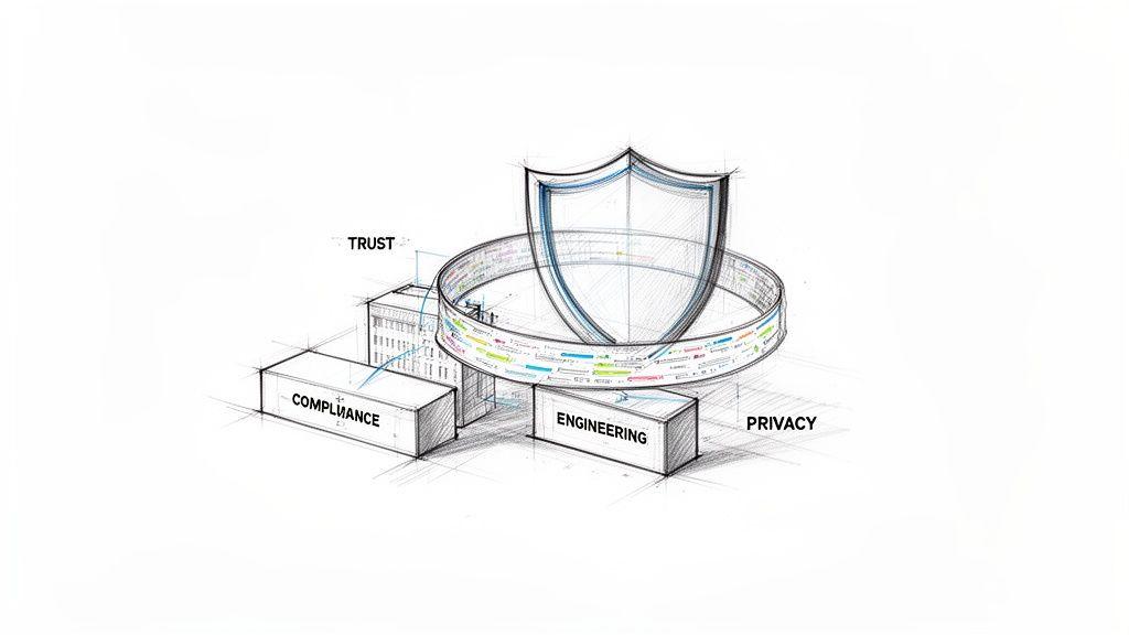 Disegno concettuale della protezione dei dati che presenta uno scudo, un anello di dati e elementi fondamentali: fiducia, conformità, ingegneria, privacy.