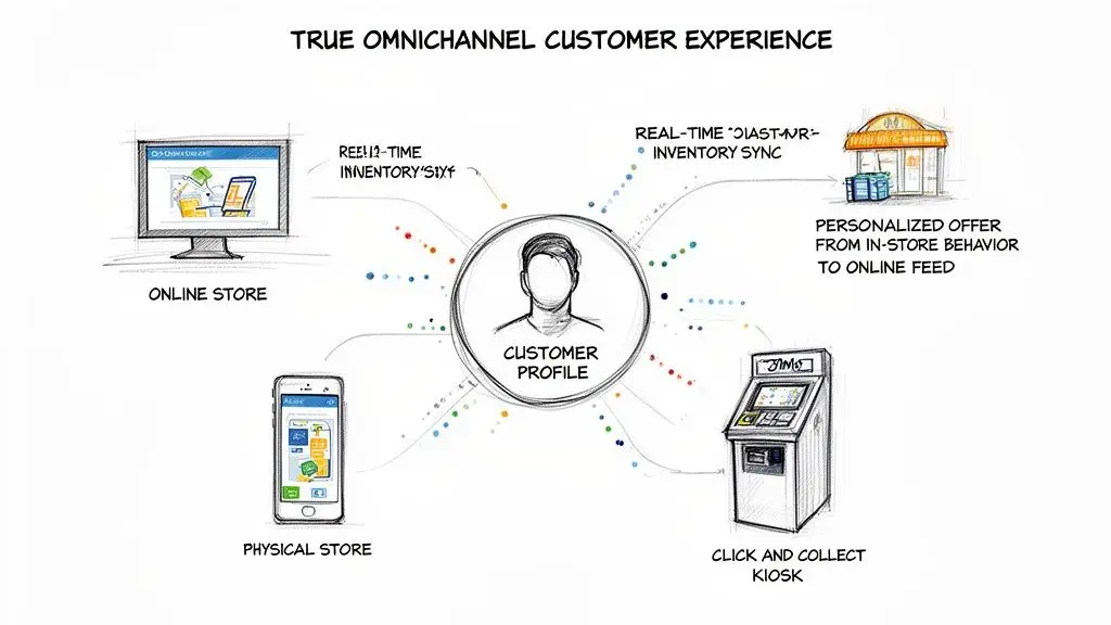 Diagram illustrating a true omnichannel retail customer experience, connecting online, physical, and kiosk touchpoints via a central customer profile.