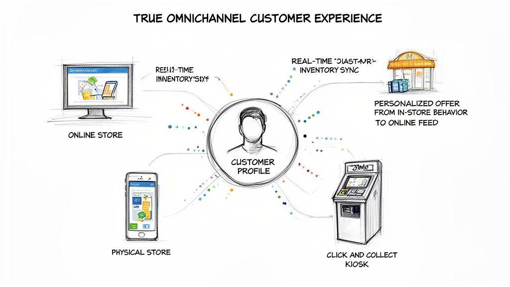 Diagramma che illustra una vera esperienza cliente omnicanale nel retail, collegando touchpoint online, fisici e kiosk tramite un profilo cliente centrale.