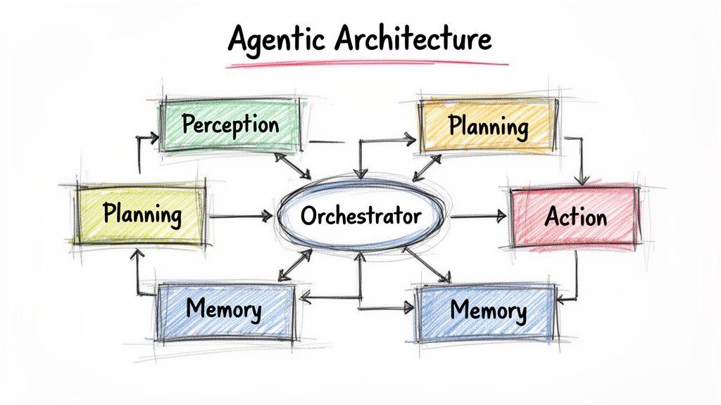 Uno schizzo a mano libera di un diagramma di architettura agentica che mostra un orchestratore collegato a componenti di percezione, pianificazione, memoria e azione.