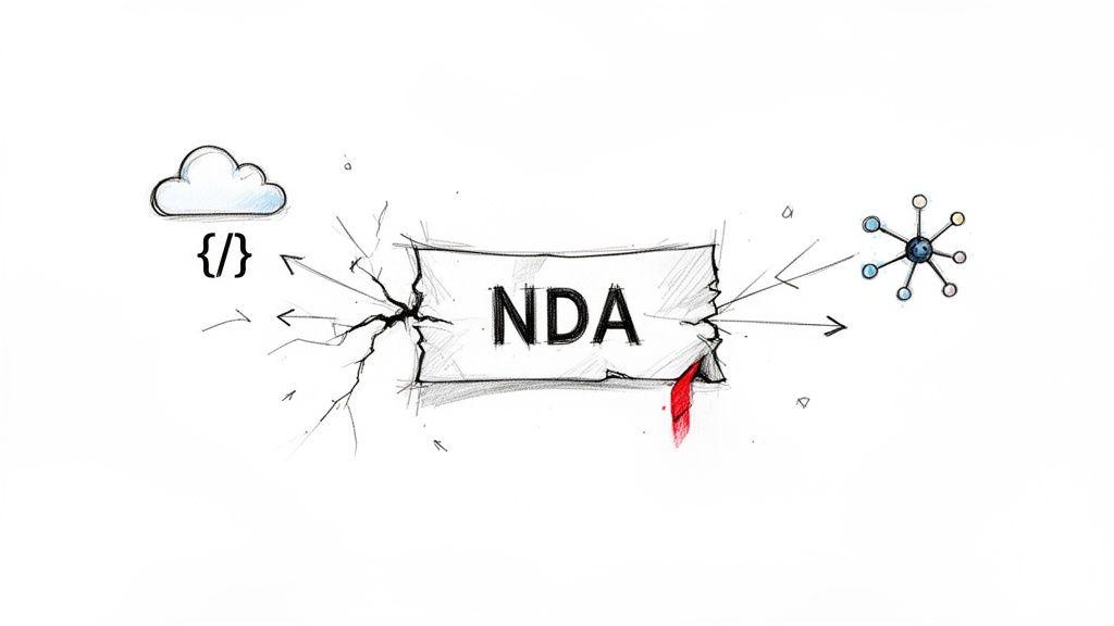 A hand-drawn illustration showing a torn NDA paper acting as a barrier between cloud data/code and a network node.