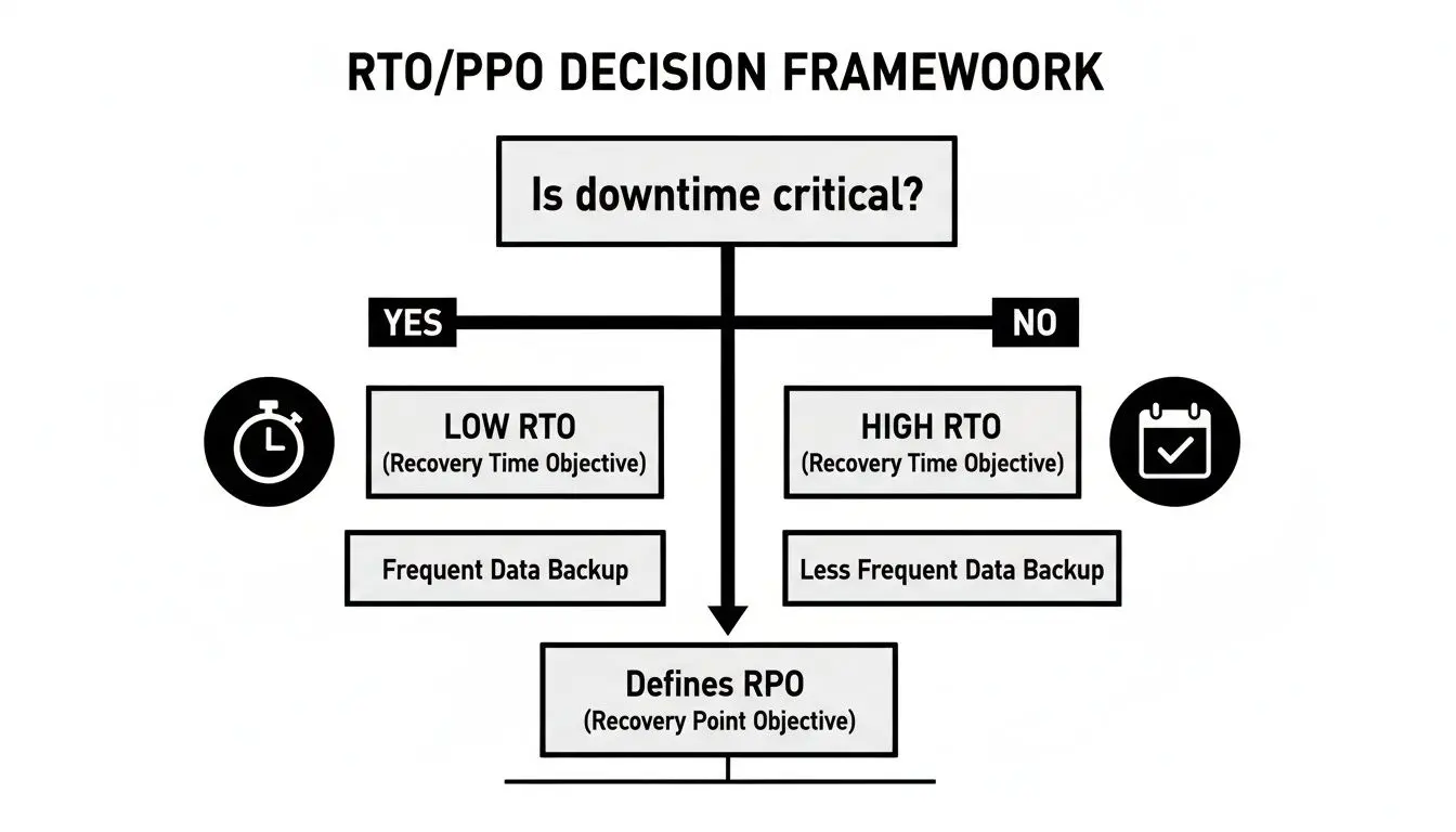 Un framework decisionale per RTO e RPO, che considera la criticità dei tempi di inattività e la strategia di backup dei dati.