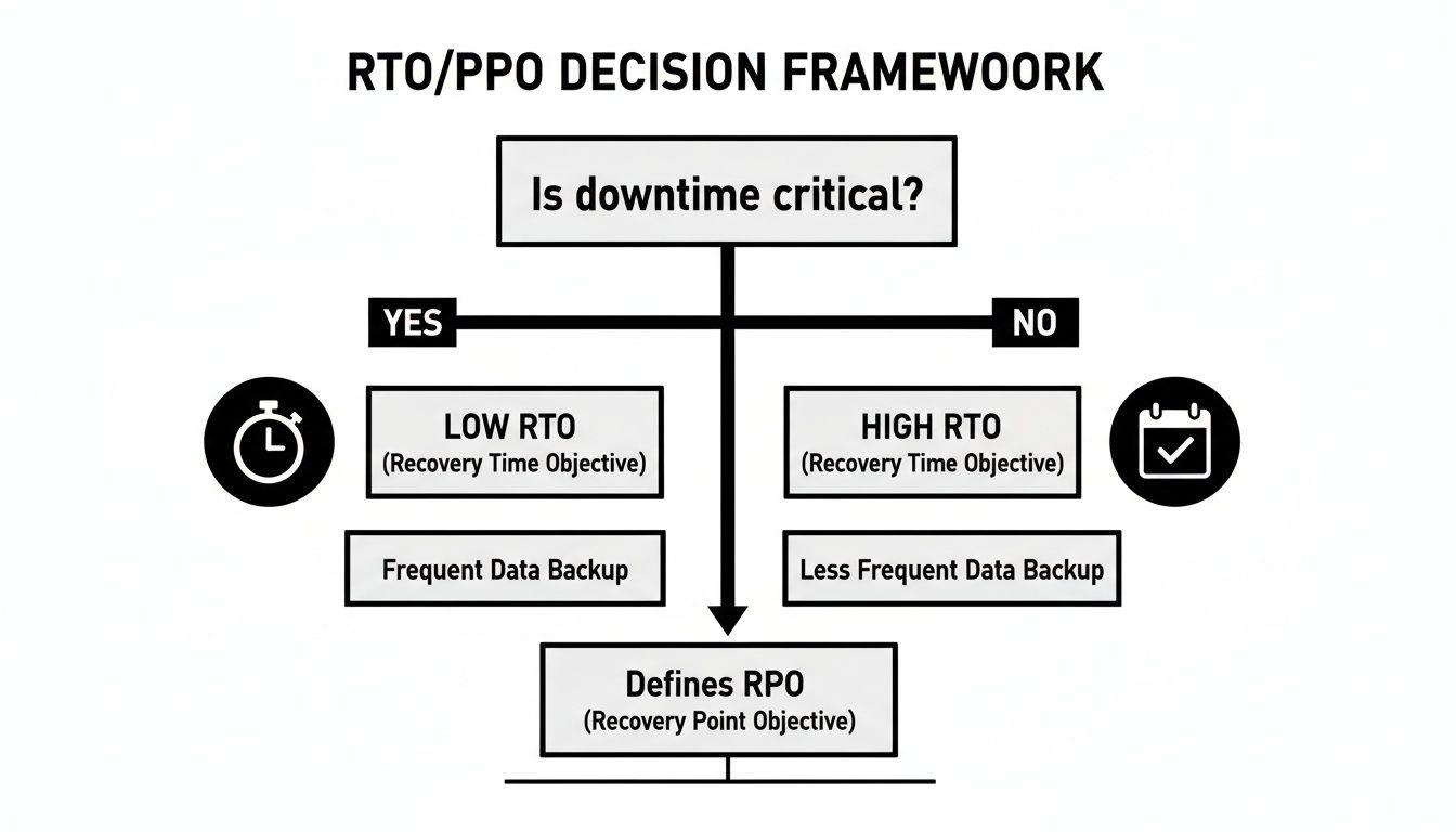 Un framework decisionale per RTO e RPO, che considera la criticità dei tempi di inattività e la strategia di backup dei dati.
