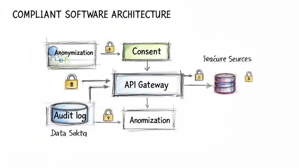 Diagramma che illustra un’architettura software conforme con anonimizzazione dei dati, consenso, API gateway, registro di audit e fonti sicure.