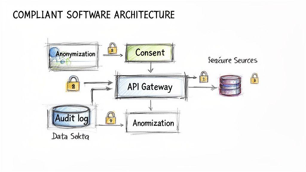 Diagramma che illustra un'architettura software conforme con anonimizzazione dei dati, consenso, gateway API, registro di audit e fonti sicure.