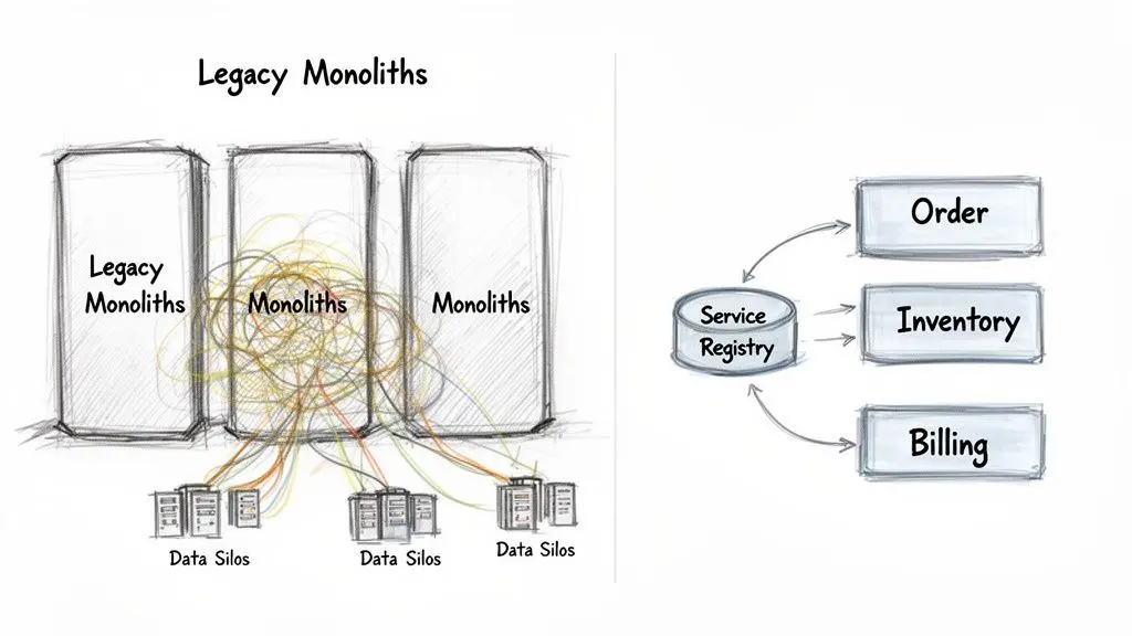 Diagramma che contrappone monoliti legacy aggrovigliati con un registro dei servizi organizzato e servizi distinti Order, Inventory e Billing.
