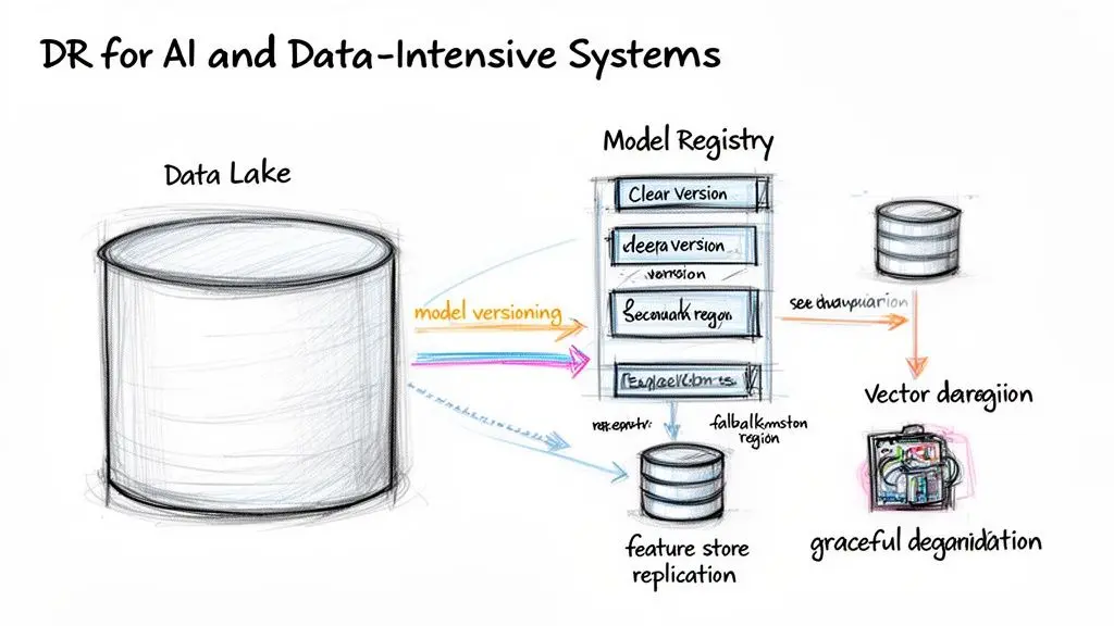 Diagramma del flusso dei dati per sistemi AI e ad alta intensità di dati, inclusi Data Lake e Model Registry.