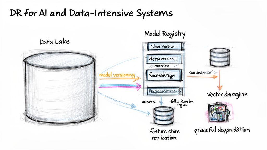 Diagramma del flusso di dati per sistemi AI e ad alta intensità di dati, incluso Data Lake e Model Registry.