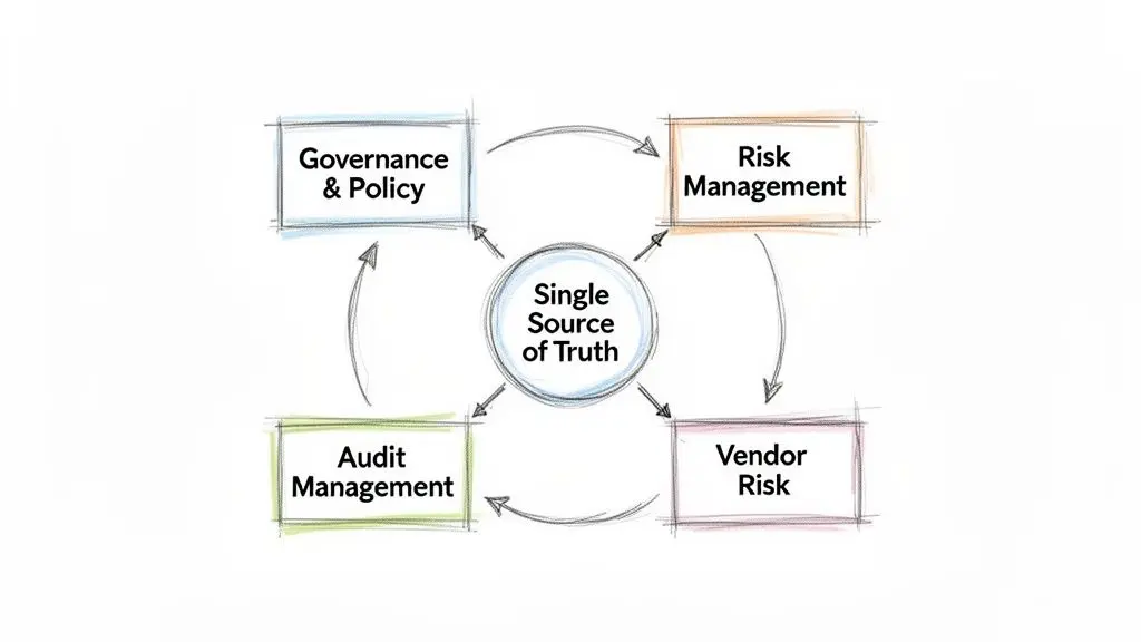 A diagram showing a Single Source of Truth at the center, connecting governance, risk, vendor, and audit management.