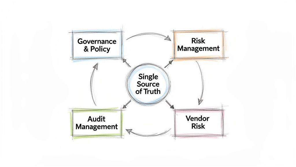 Un diagramma che mostra una Single Source of Truth al centro, collegando gestione della governance, del rischio, dei fornitori e degli audit.