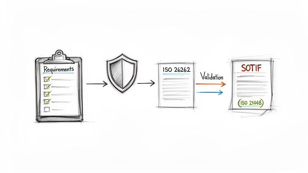 Diagram illustrating automotive functional safety (ISO 26262) and SOTIF (ISO 21448) validation process.