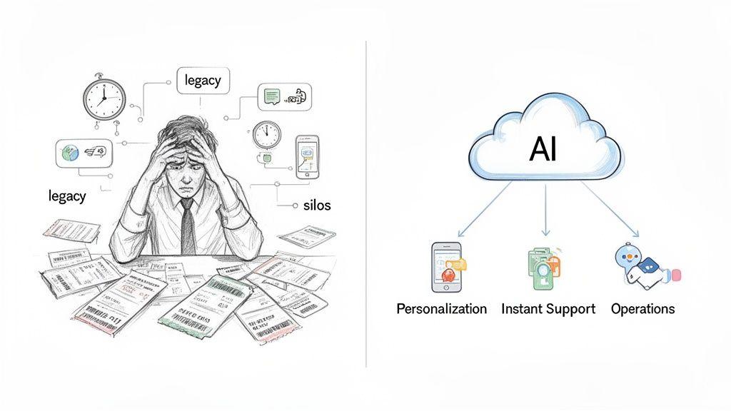 A visual contrast depicting a stressed man facing legacy systems and silos versus AI solving personalization, support, and operations.