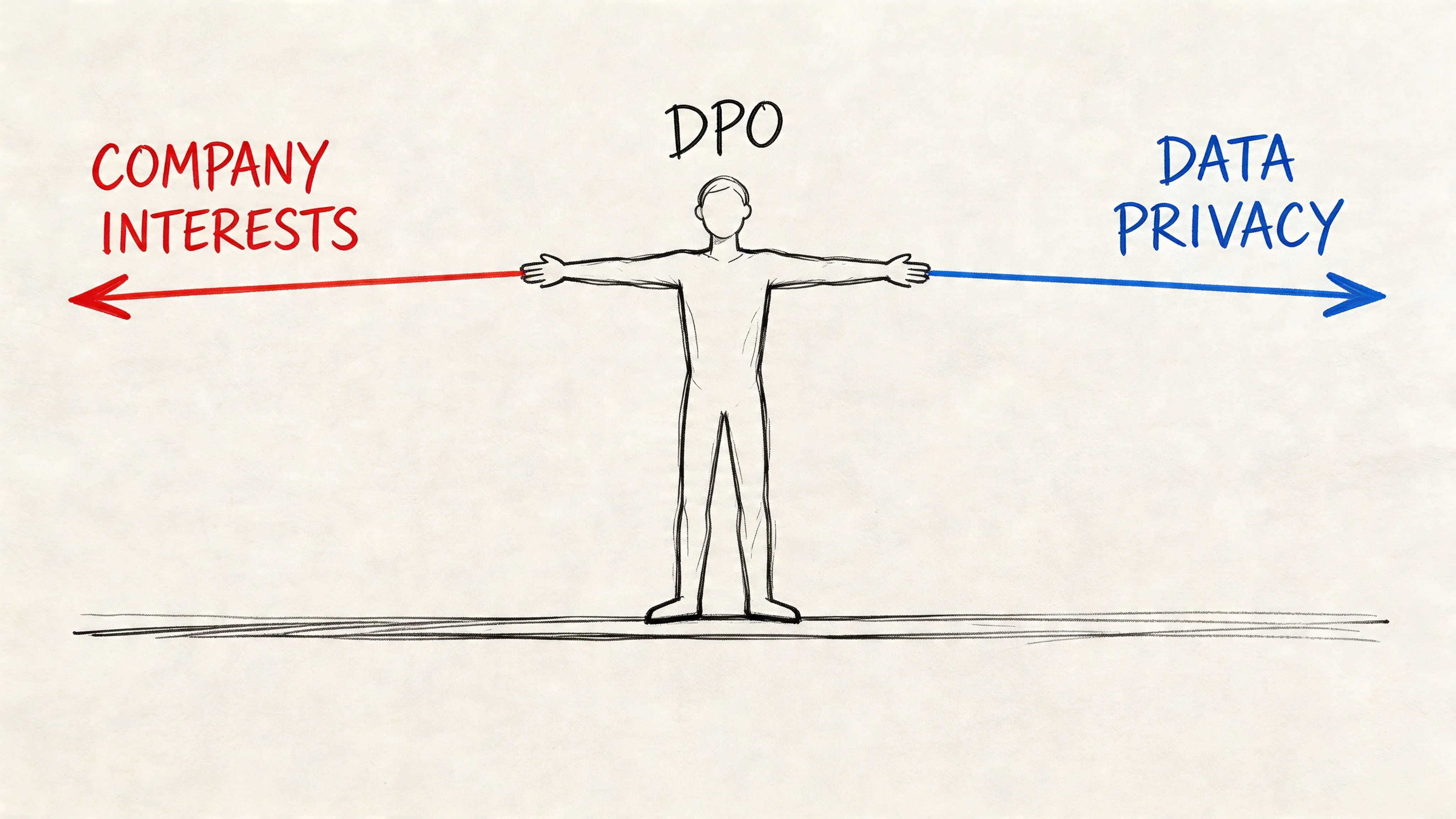 A line drawing of a Data Protection Officer standing between company interests and data privacy concepts.