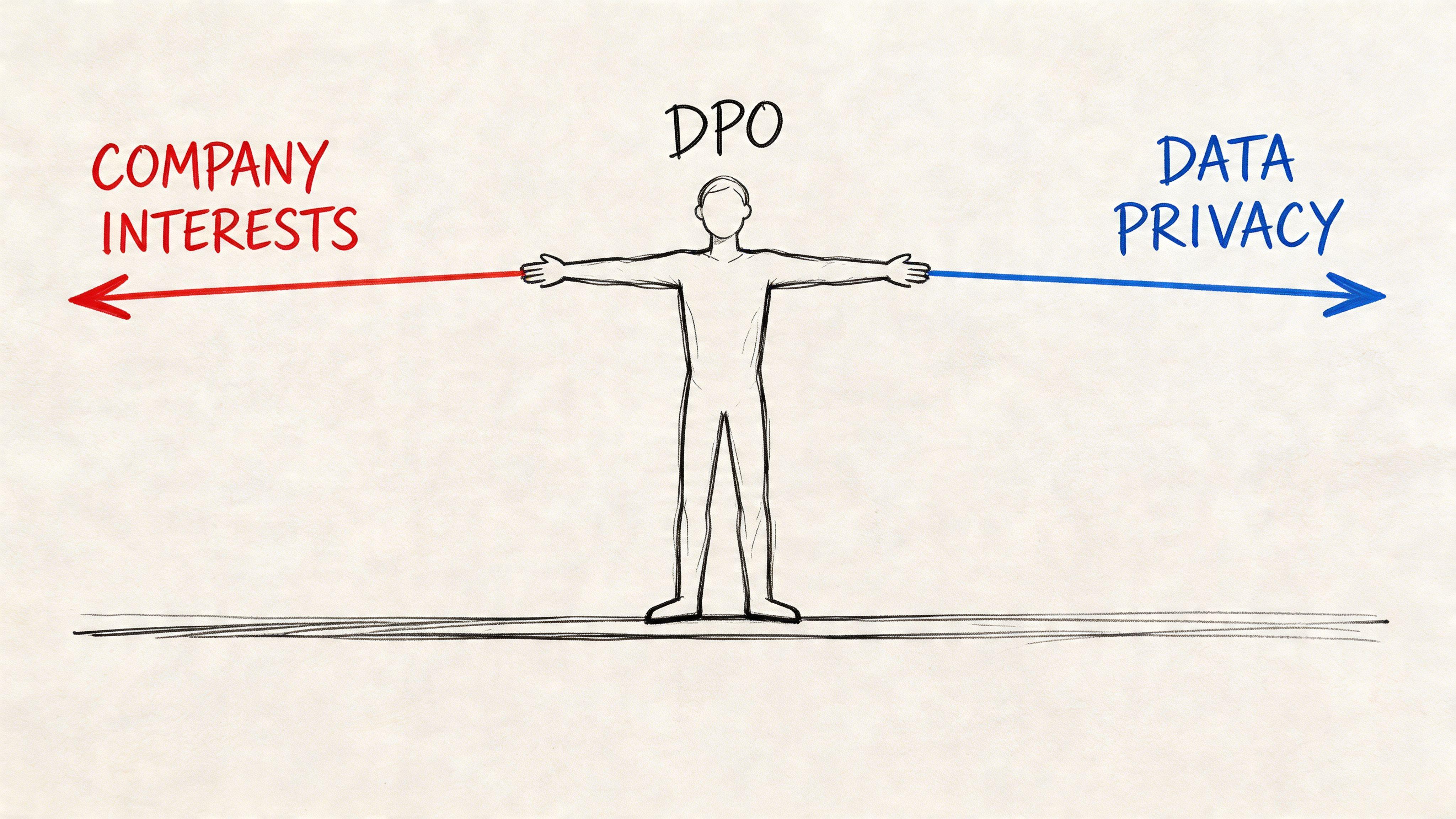 A line drawing of a Data Protection Officer standing between company interests and data privacy concepts.