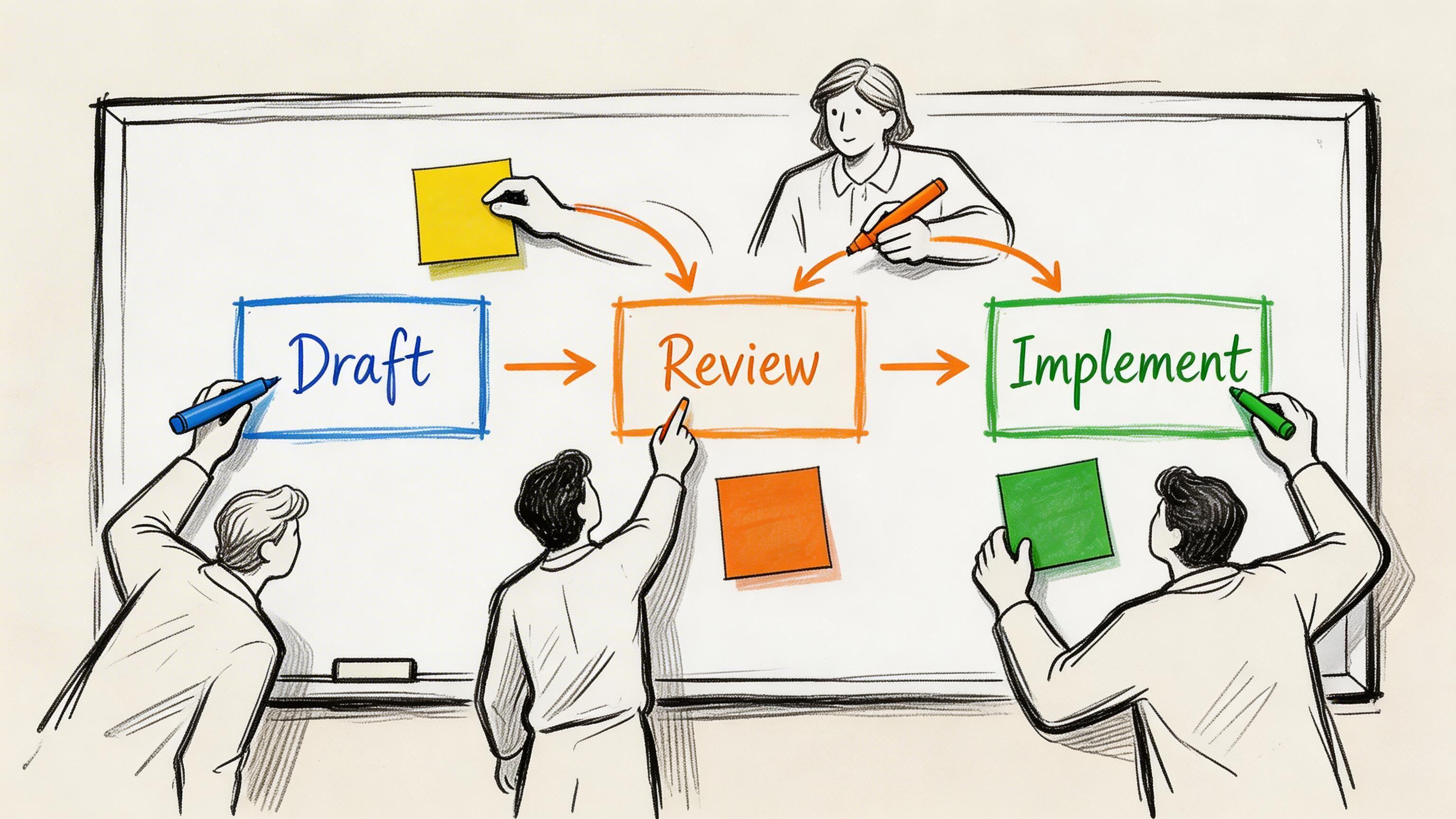 A team sketching a workflow process on a whiteboard featuring Draft, Review, and Implement phases.