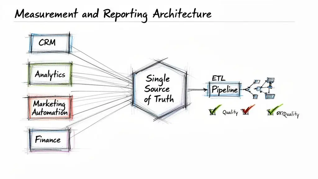 Diagramma che illustra un’architettura di misurazione e reporting con varie fonti di dati, una singola fonte di verità e controlli di qualità.