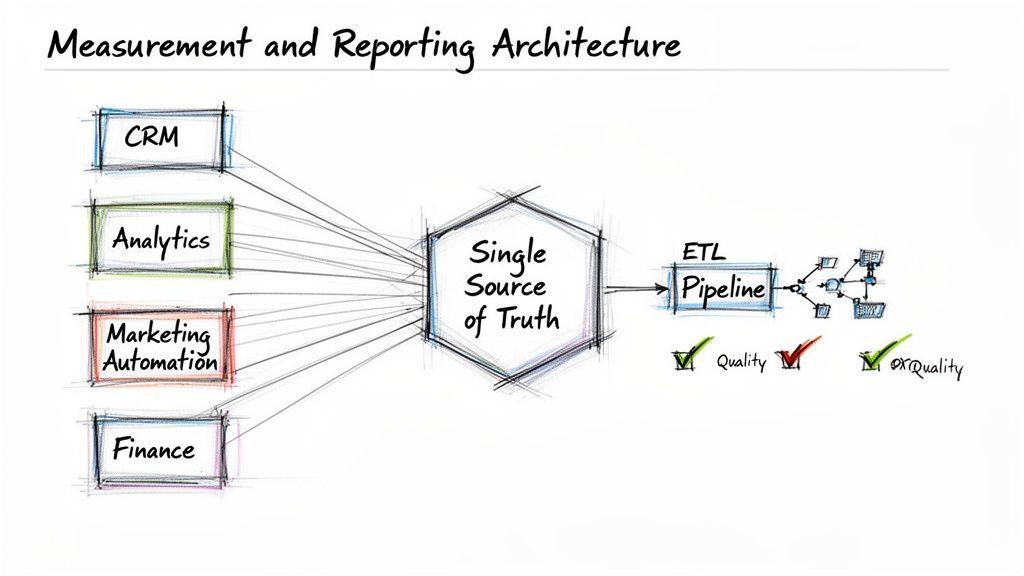 Diagram illustrating a measurement and reporting architecture with various data sources, a single source of truth, and quality checks.