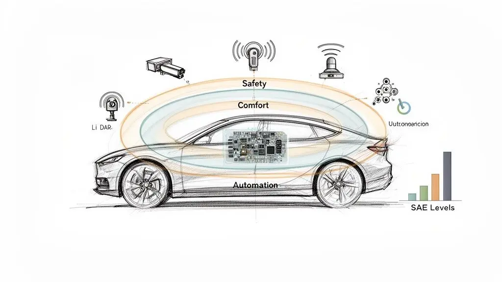 Schizzo di un’auto moderna che illustra funzionalità LiDar, automazione, sicurezza e comfort con un circuito integrato e i livelli SAE.