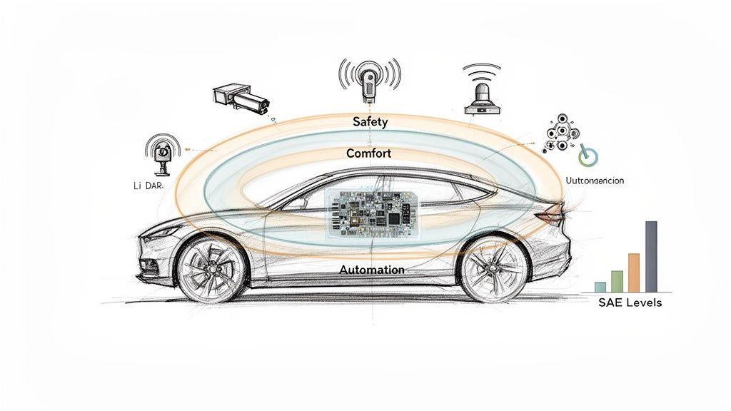 Schizzo di un'auto moderna che illustra LiDAR, automazione, funzionalità di sicurezza e comfort con una scheda a circuito integrato e livelli SAE.